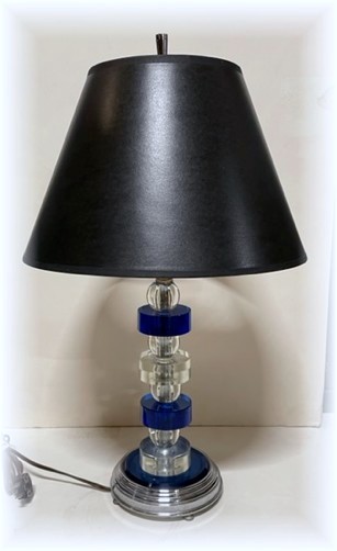 Art Deco Table Lamp with Cobalt Blue and Clear Stacked Stem