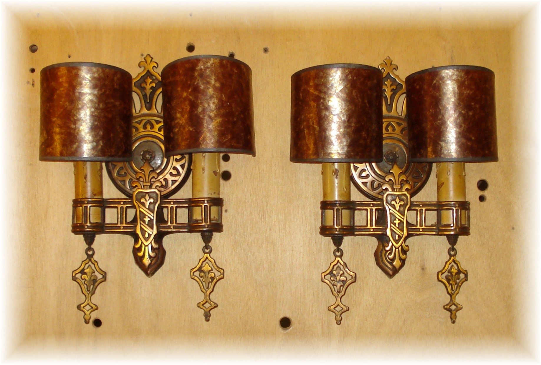 Copper wash sconces with mica shades