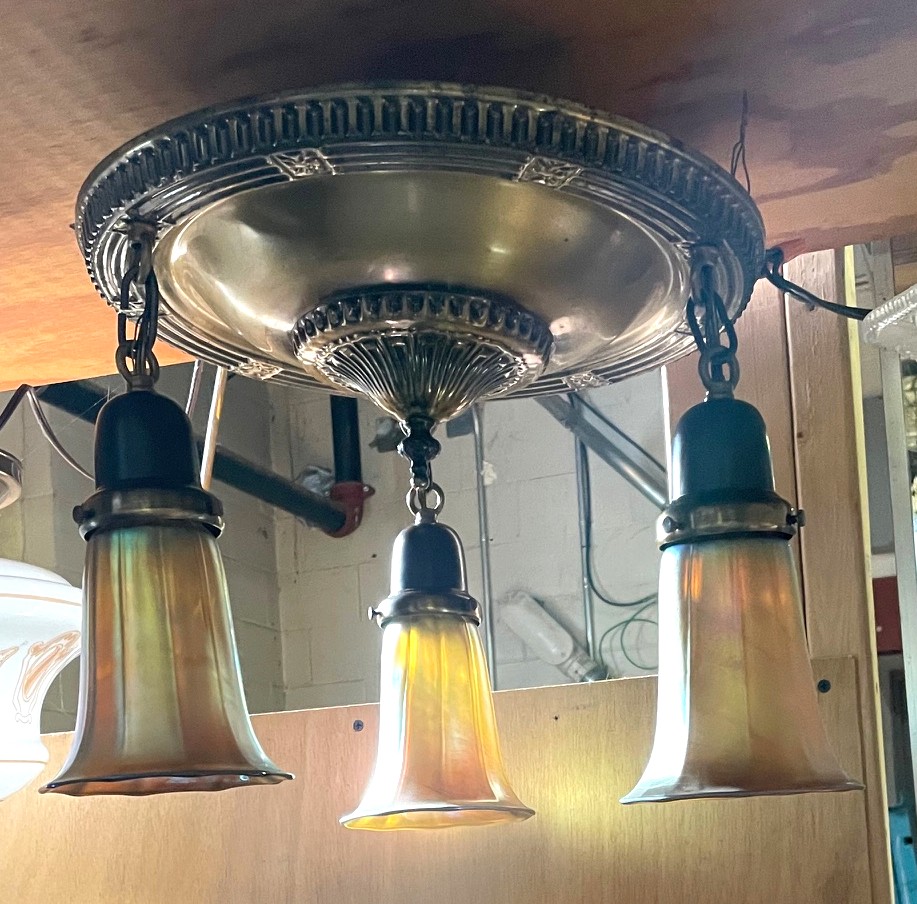 Brass flush mount fixture with art glass shades