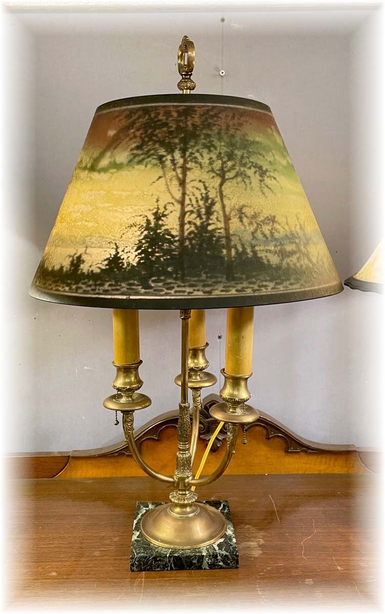 Rare c. 1920 signed Pairpoint solid brass bouillotte table lamp with marble base and scenic obverse painted original shade – all original part